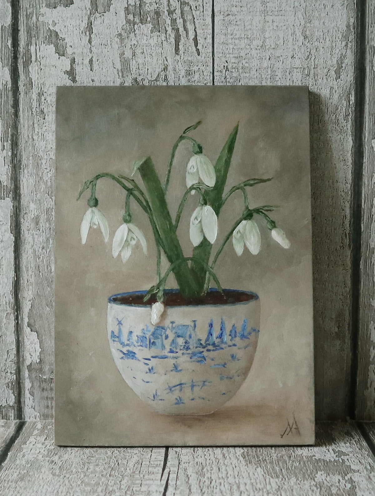 Original Oil Painting From The Blue & White Potted Floral Collection 'Snowdrops'