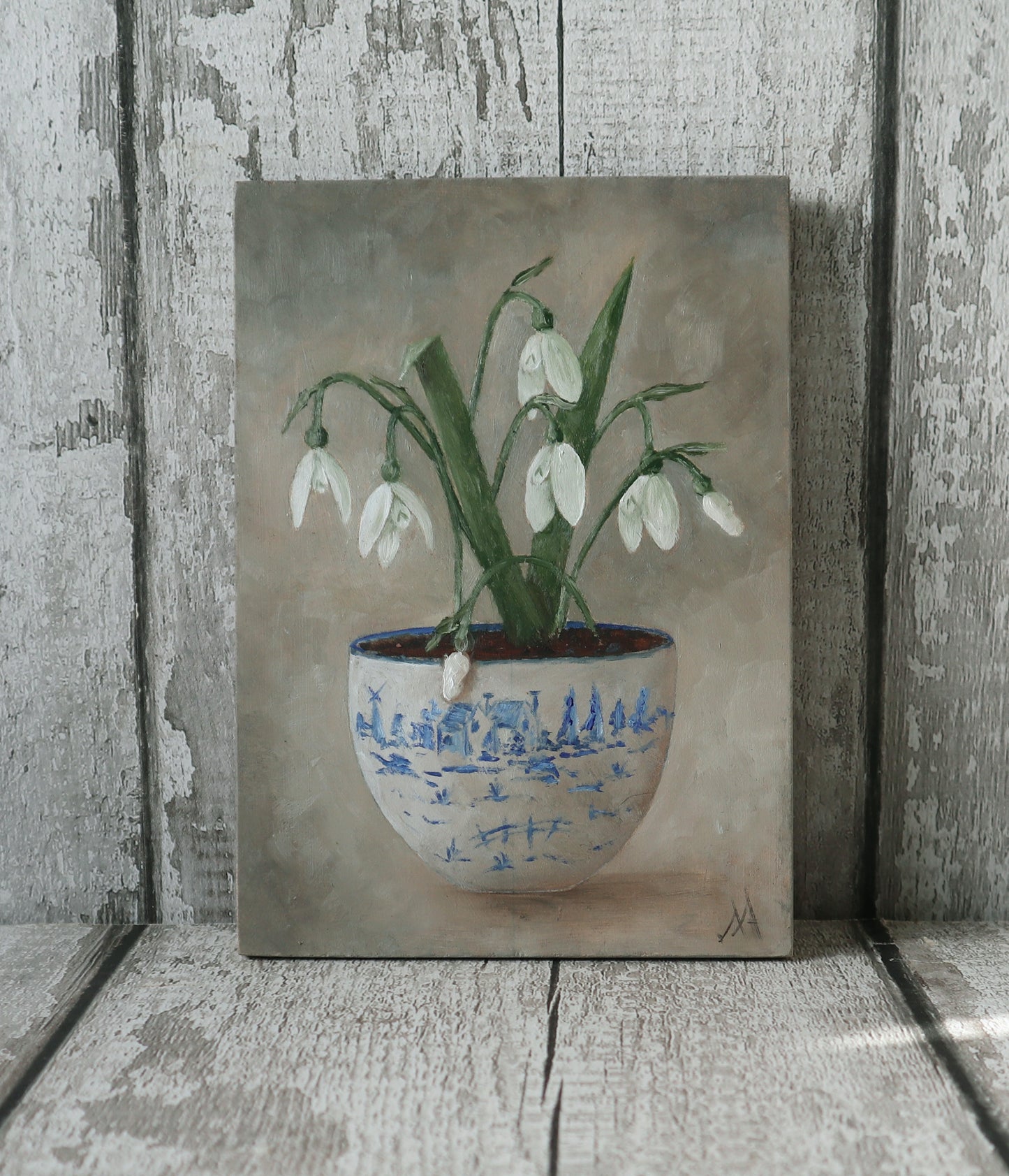 Original Oil Painting From The Blue & White Potted Floral Collection 'Snowdrops'