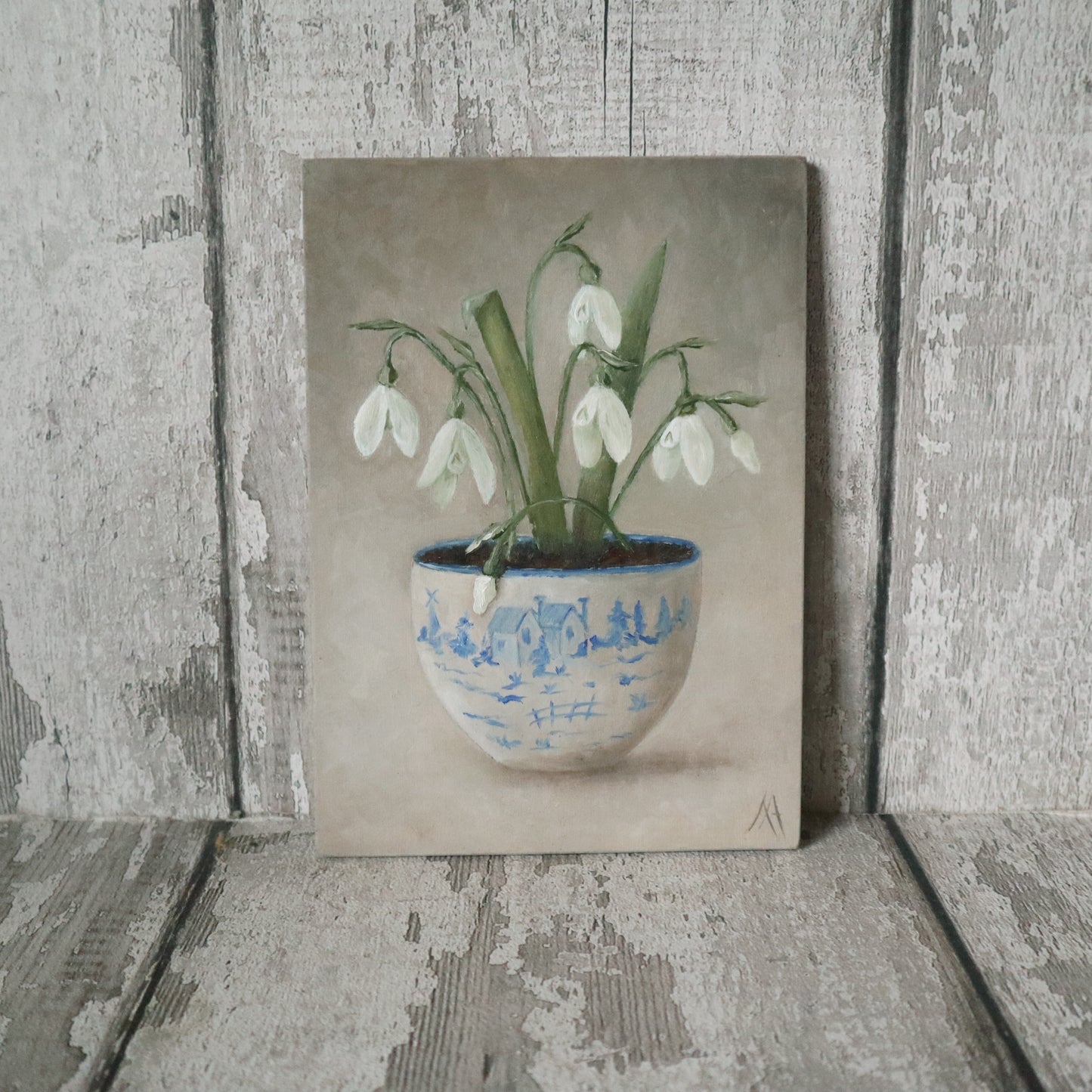 Original Oil Painting From The Blue & White Potted Floral Collection 'Snowdrops'