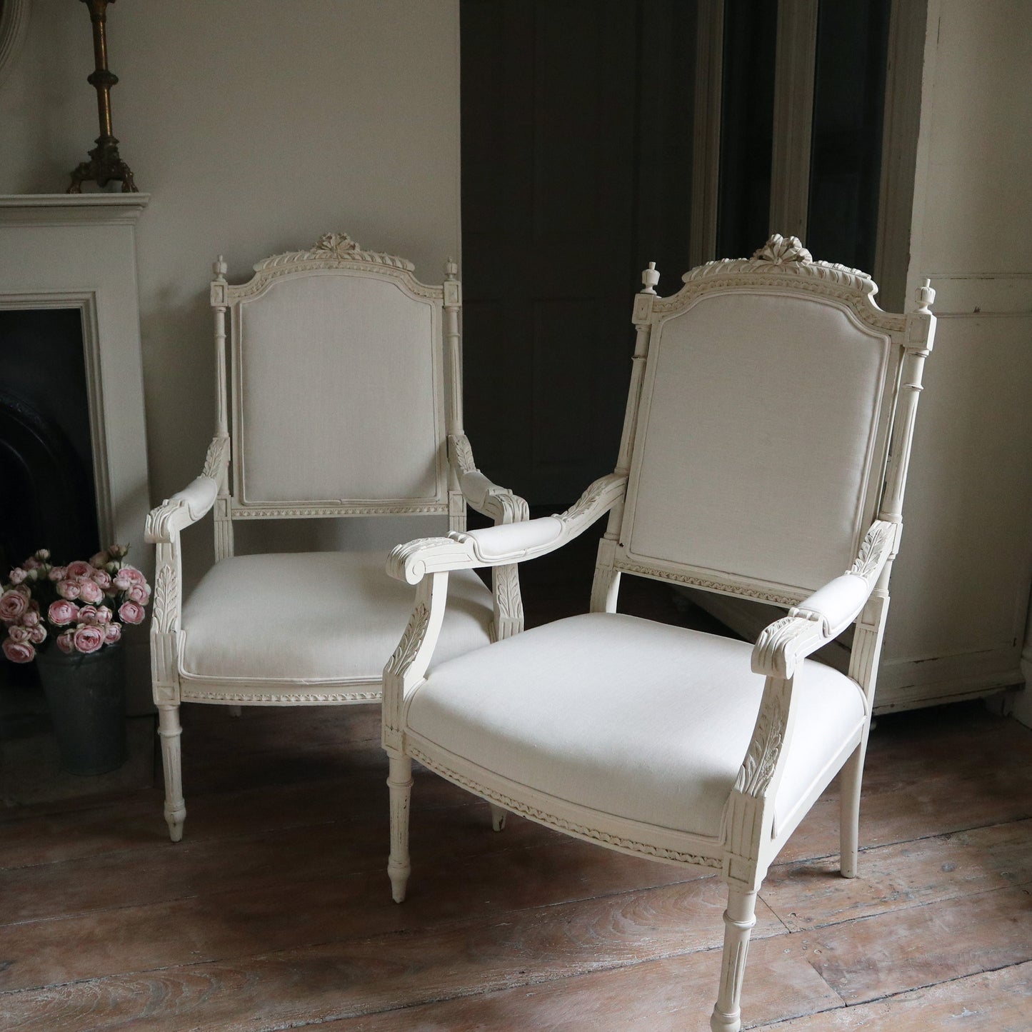 Pair of Vintage Painted French Rococo Open Arm Chairs