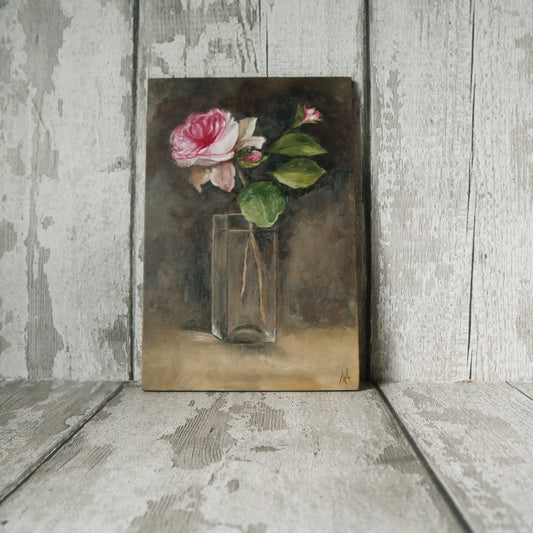 Original Oil Painting Still Life Roses In A Glass Vase (un-framed)